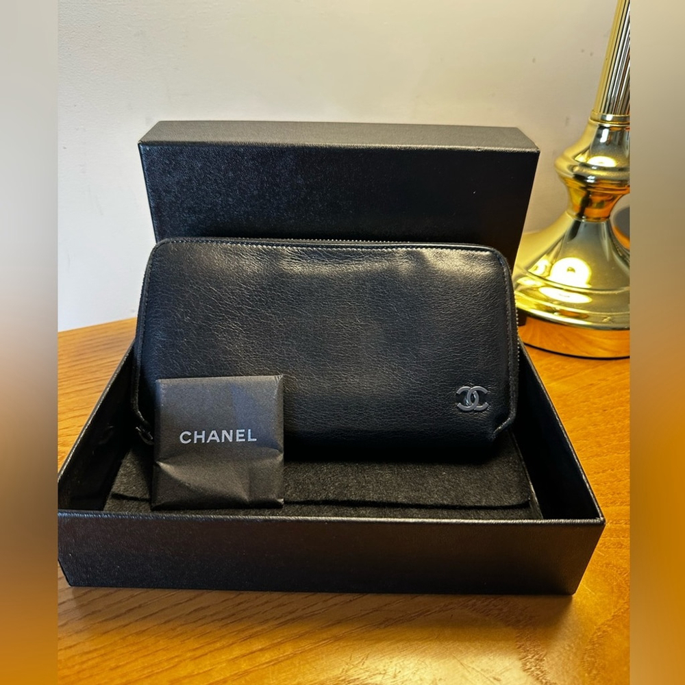 Chanel Black Leather Long Zip Wallet w/ COA, serial and box